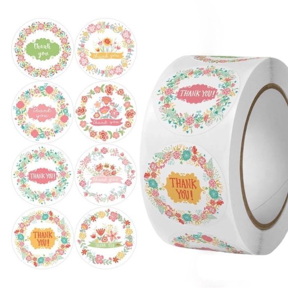 Thank You Stickers, 1" Round Frames Thank You Stickers Roll 8Floral - Picture 3 of 4